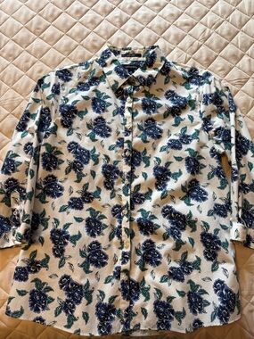 Lands' End White Button-Down Shirt with Blue Floral Print